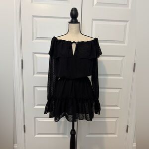 Rumored Black Off-Shoulder Ruffle Long Sleeve Mini Dress